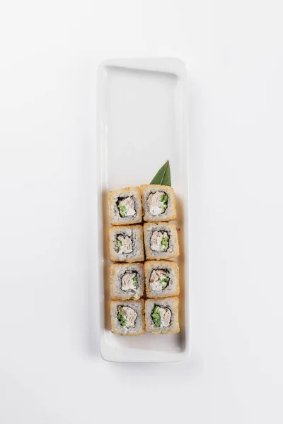 Sabrosos Rollos Sushi Sobre Fondo Blanco Comida Japonesa —  Fotos de Stock