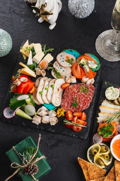 Different Dishes Black Table Top View — Stock Photo, Image