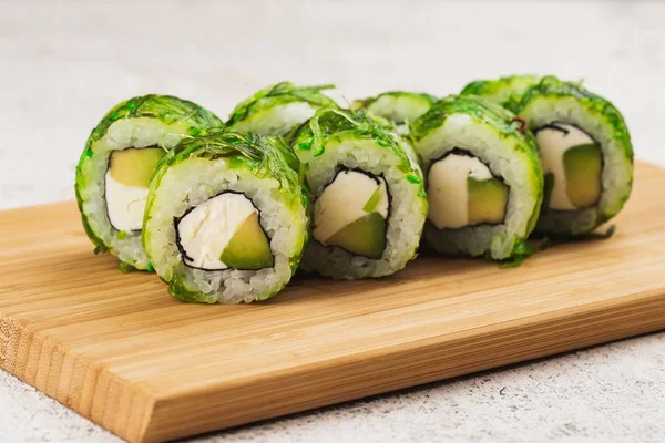 Closeup View Tasty Sushi Set Wooden Board — Stock Photo, Image