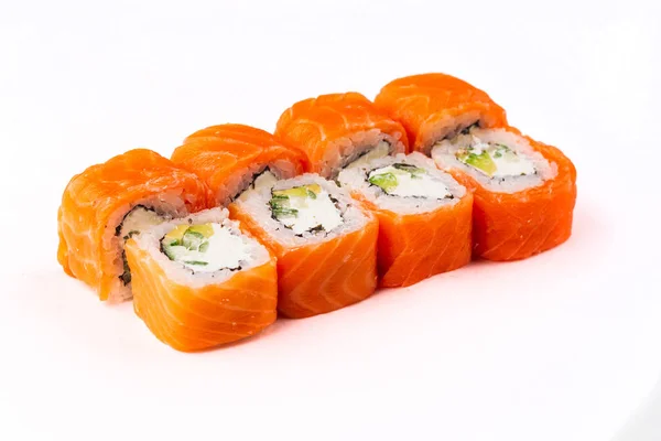 Läcker Philadelphia Sushi Med Avokado Krämig Ost Lax Och Masago — Stockfoto