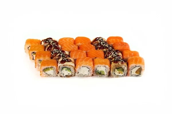 Närbild Visa Olika Typer Färgglada Maki Sushi Rullar — Stockfoto