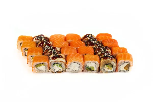 Närbild Visa Olika Typer Färgglada Maki Sushi Rullar — Stockfoto