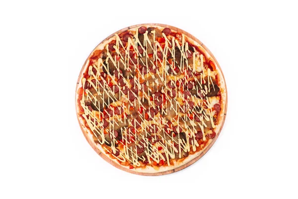 Färsk Och Läcker Italiensk Pizza Serveras Träfat — Stockfoto