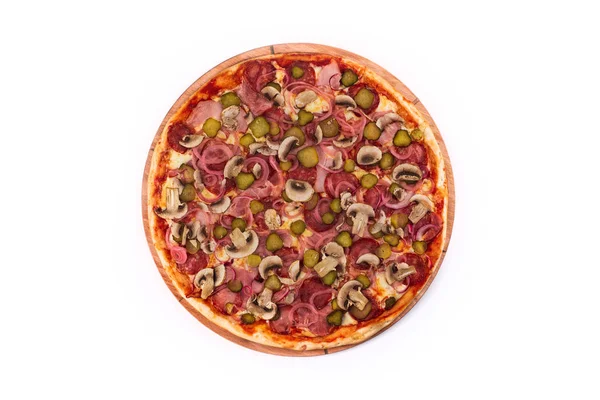 Sabrosa Pizza Italiana Con Carne Verduras Sobre Fondo Blanco — Foto de Stock