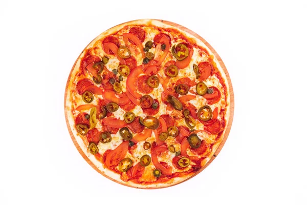 Deliciosa Pizza Con Diferentes Ingredientes Sobre Fondo Blanco — Foto de Stock