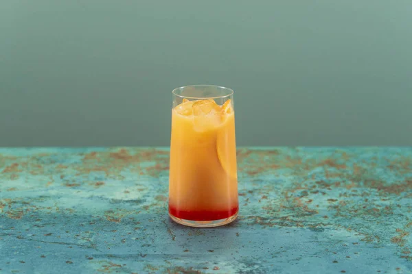 Glass Delicious Alcohol Shot Orange Juice Grenadine Bottom — Stock Photo, Image