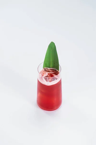 Nahaufnahme Roter Alkohol Cocktail Mit Blatt Und Eis — Stockfoto