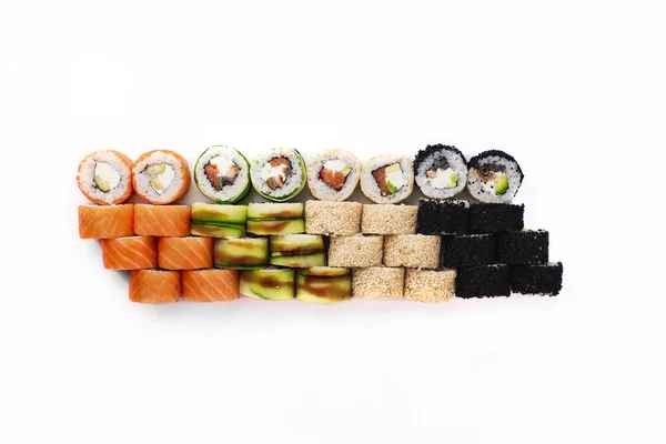 Barevné Maki Sushi Rolky Lososem Tuňákem Kaviárem Výborné Mořské Plody — Stock fotografie