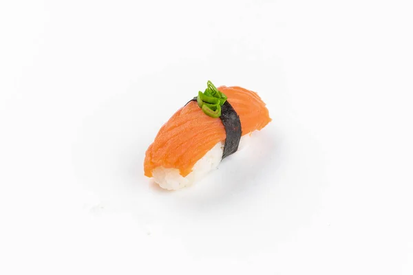 Pesce Salmone Nigiri Sushi Con Riso Bianco Isolato Fondo Bianco — Foto Stock