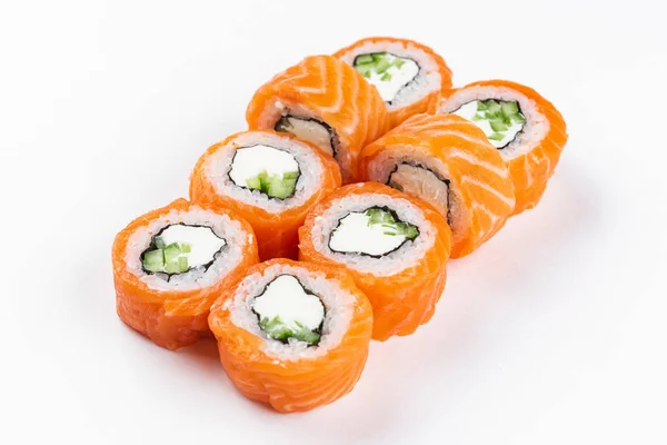 Set Involtini Sushi Salmone Rosso Con Gamberetti Crema Formaggio Isolata — Foto Stock