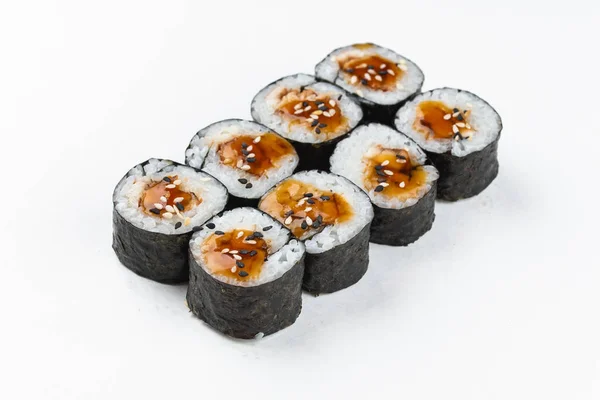 Rollos Maki Sushi Set Con Pescado Camarones Anguila Ahumada Con — Foto de Stock