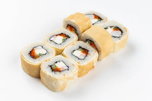Set Maki Sushi Rolls Salmon Omelette Cream Cheese Isolated White — Stock Photo, Image