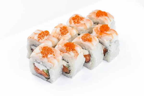 Camarones Salmón Colorido Conjunto Rollos Sushi Maki Con Queso Crema —  Fotos de Stock