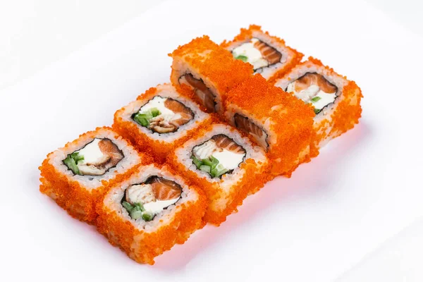 Set Involtini Sushi Salmone Rosso Con Gamberetti Crema Formaggio Isolata — Foto Stock