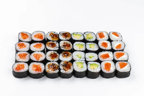 Kolorowe Sushi Zestaw Nigiri Sushi Rolki Łososia Krewetki Węgorza Wędzonego — Zdjęcie stockowe