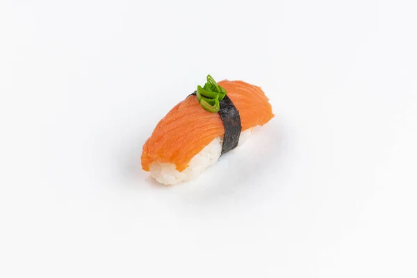 Pesce Salmone Nigiri Sushi Con Riso Bianco Isolato Fondo Bianco — Foto Stock