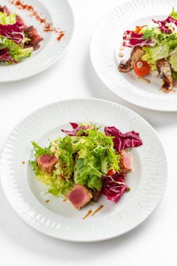 Beyaz masa arkasında ton balığı dilimleri, somon, yeşillik ve domatesli renkli salata tabakları.