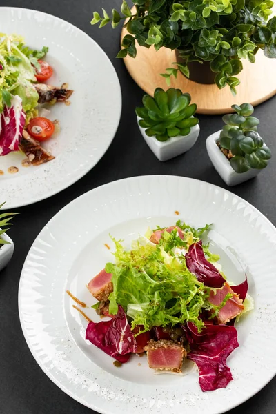 İtalyan yeşil ve kırmızı salata tabakları ton balığı dilimleri, somon balığı ve domatesler gri masa arkasında.