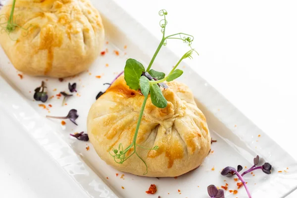 Baked Buns Tomatoes Cheese Decorated Greens White Plate — Stock Photo, Image