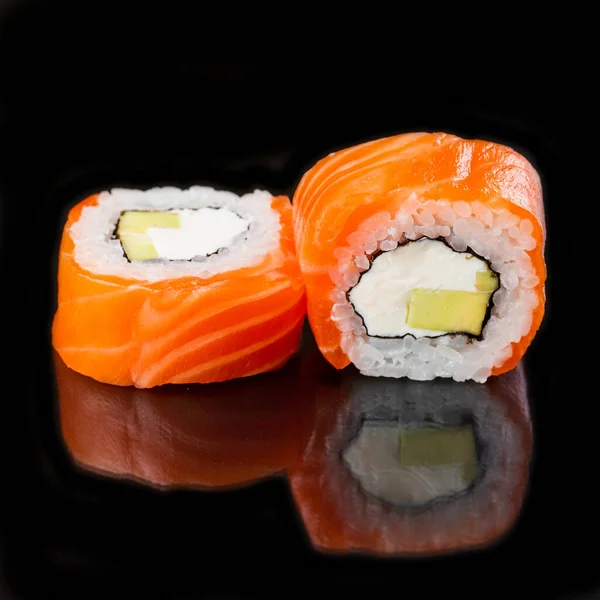 Sushi Rolls Salmon Fish White Rice Cream Cheese Black Table — Stock Photo, Image