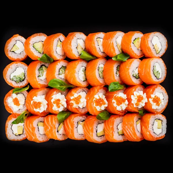 Färgade Sushi Rullar Som Med Lax Fisk Räkor Och Rökt — Stockfoto