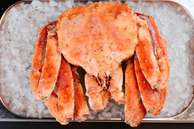 Buzlu arkaplanda servis edilen tam buharlı yengeç