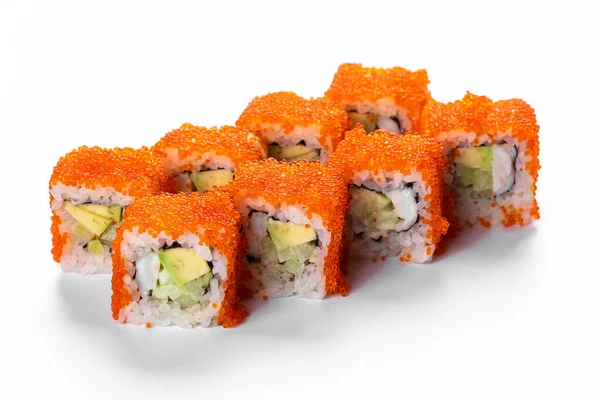 Rolo Sushi Com Salmão Caviar Sobre Fundo Branco — Fotografia de Stock