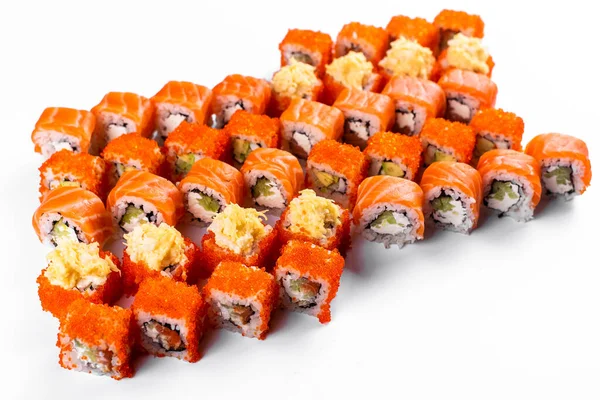 Diferentes Rolos Sushi Japão Conjunto Com Peixes Salmão Vermelho Enguia — Fotografia de Stock