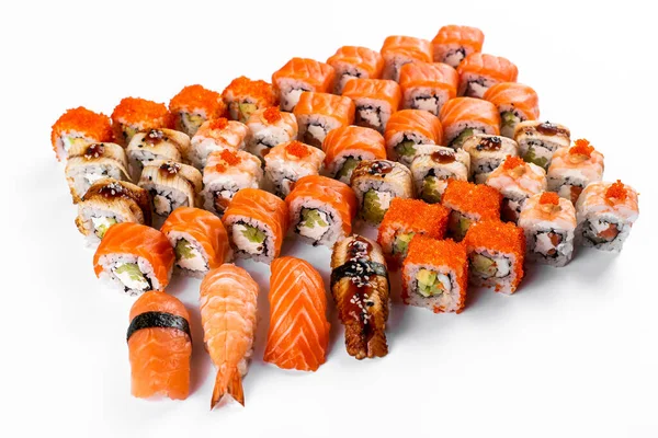 Olika Japanska Sushi Rullar Som Med Röd Lax Fisk Rökt — Stockfoto