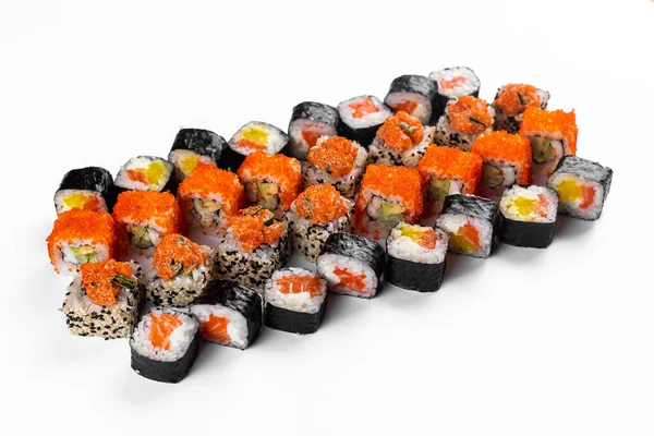 Diversi Involtini Sushi Giappone Con Pesce Rosso Salmone Anguilla Affumicata — Foto Stock