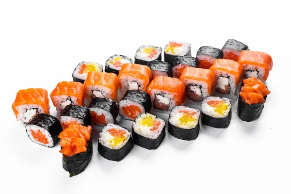 Olika Japanska Sushi Rullar Som Med Röd Lax Fisk Rökt — Stockfoto