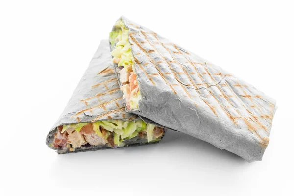 Vlees Shawarma Verpakking Grijze Kleur Pita Brot Verse Sappige Salade — Stockfoto