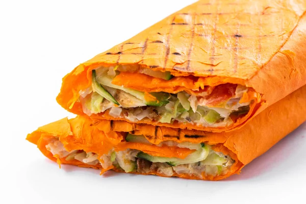 Kip Shawarma Verpakking Gele Pita Brot Verse Sappige Salade Saus — Stockfoto