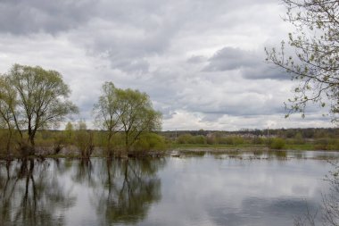 Ağaçlı bahar manzarası, yeni yeşillikler, çimenler, seldeki nehir, sudaki yansıma, uzaktaki bir köy. 