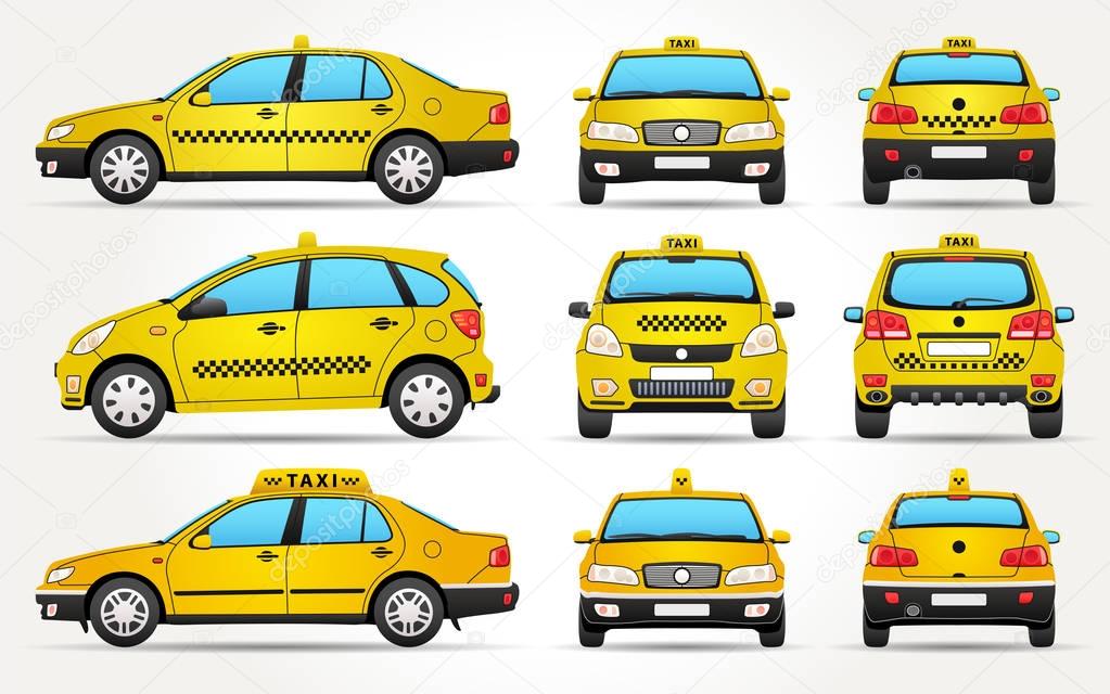 Vector icons of cars, yellow taxi from three views positions, from profile, front and rear view. Cars are classic sedan and bugger SUV type of car. Cabs have logo taxi on roofs. Objects are isolated on white background.
