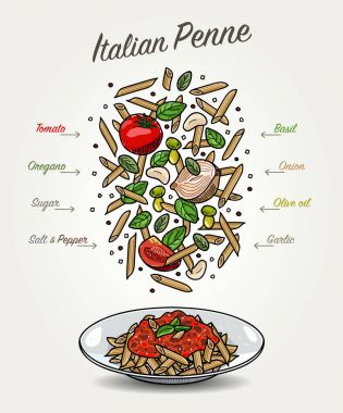 Vektör plaka ve düşen malzemeyi domates soslu makarna Penne