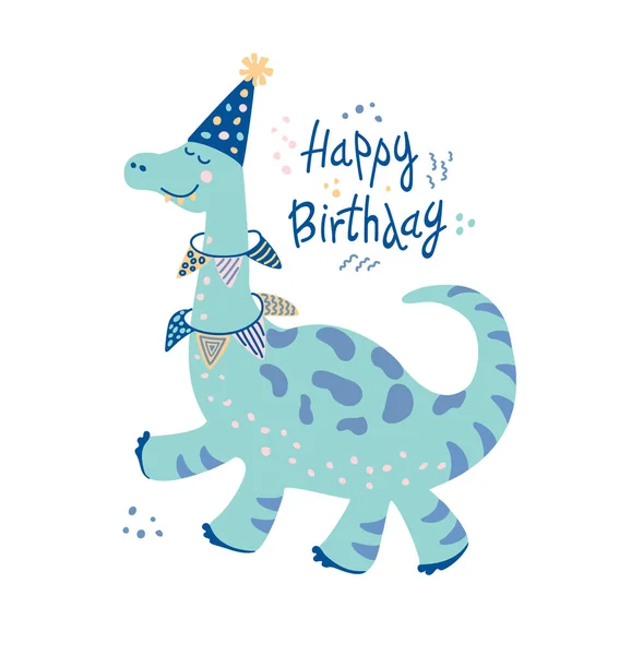 Dinossauro engraçado desenhado à mão com boné de aniversário e bandeiras de cores. Personagem vetorial com frase Feliz aniversário. Clipart plano Dino . —  Vetores de Stock