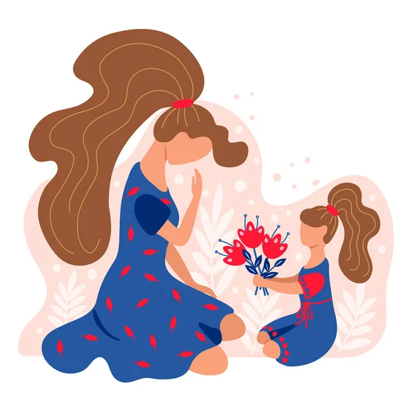 Daughter gives flowers to mom. Flat vector illustration for mother day. — Stockvektor