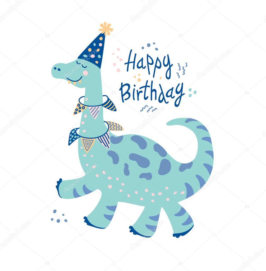 Funny hand drawn dinosaur with Birthday cap and color flags. Vector character with phrase Happy birthday. Dino flat clipart. 