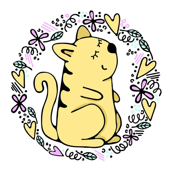 手绘漫画黄猫矢量彩色插图 可爱有趣的小猫在植物 心灵和设计元素的框架内 卡通风格的绘画 设计笔记本 T恤衫 海报模板 — 图库矢量图片