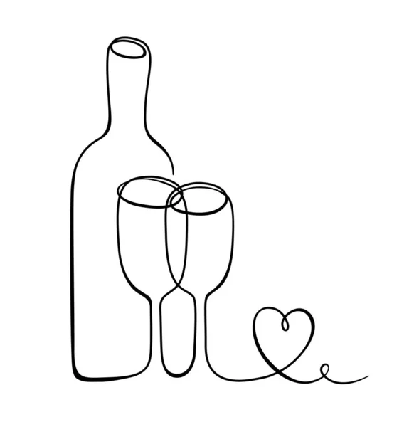 Illustrazione Vettoriale Con Bottiglia Vino Bicchieri Vino Cuore Stile Art — Vettoriale Stock