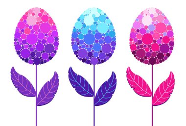 Pembe ve mor renkli Paskalya tebrik kartı. Büyük ve küçük renkli daireler çizimi olan Paskalya yumurtası. Beyaz arkaplanda harfleri olan vektör illüstrasyonu.  