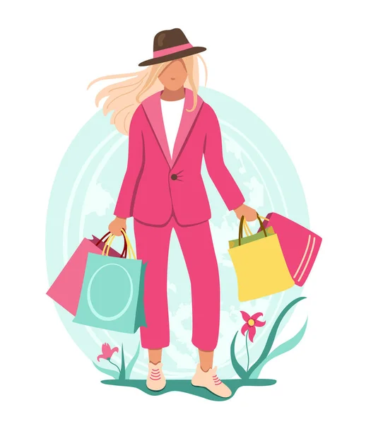 Blond Vrouwtje Een Roze Pak Met Boodschappentassen Leuke Vector Illustratie — Stockvector