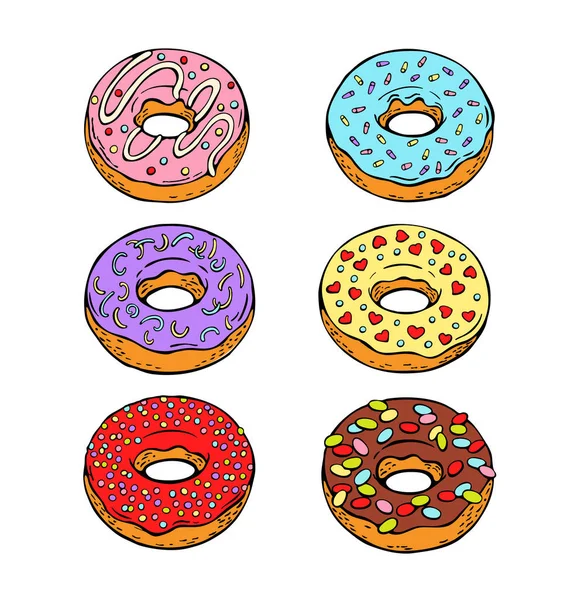 Набор Мультфильмов Красочные Пончики Изолированы Белом Фоне Пончики Коллекции Глазури — стоковый вектор