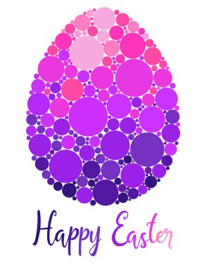 Pembe ve mor renkli Paskalya tebrik kartı. Büyük ve küçük renkli daireler çizimi olan Paskalya yumurtası. Beyaz arkaplanda harfleri olan vektör illüstrasyonu.  