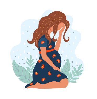 Çiçekli arka planda oturan mutsuz, üzgün, hamile bir kadın. Depresyon kavramı. Düz vektör çizimi. Beyaz arkaplanda izole. 
