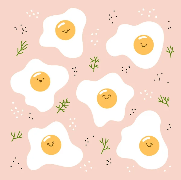 Набор Жареные Улыбающиеся Яйца Укропом Солью Перцем Розовом Фоне Векторная — стоковый вектор