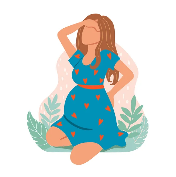 妊娠中の若い女性の背中の痛みの花の背景に座っている 期待に胸を張っている母親 痛みを感じてる女性 白いベクトル図 — ストックベクタ
