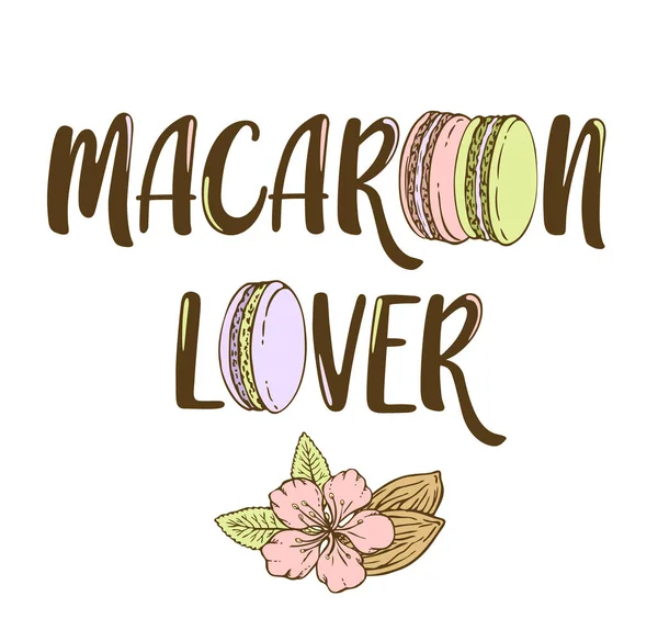 かわいい文字のフレーズ マカロン恋人 手描きスタイルでマカロンとアーモンドの花やナッツを獲得しました 白を基調としたベクトルイラスト — ストックベクタ