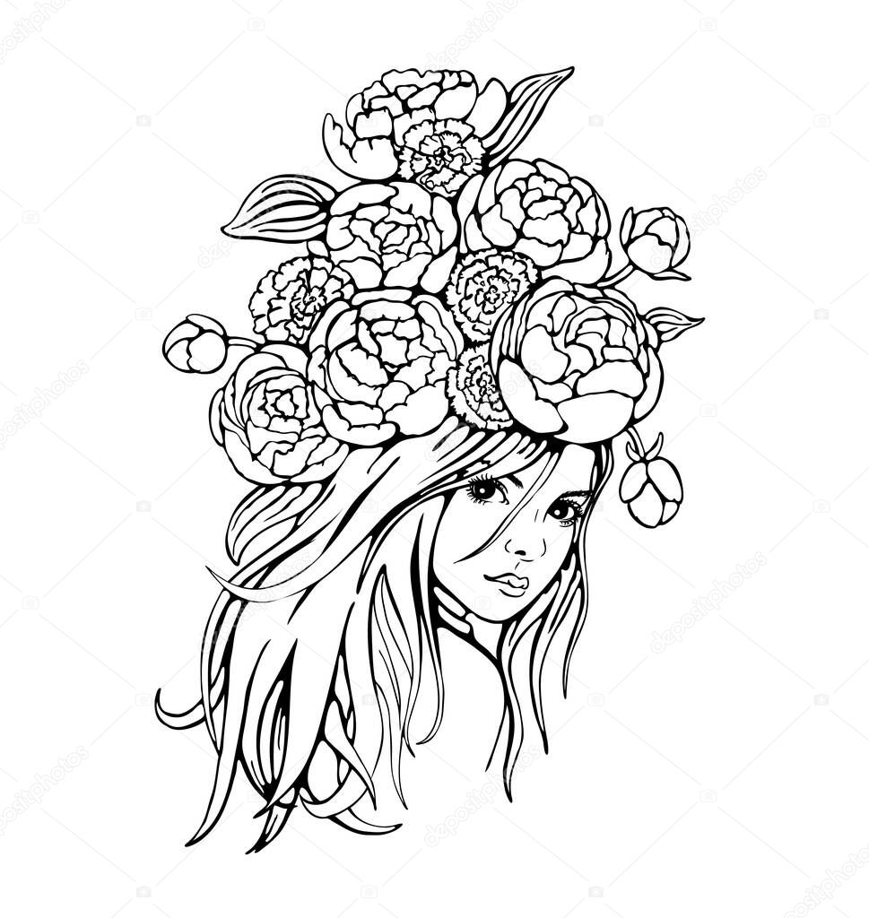 Hand drawn beautiful young woman with peonies and carnations on her head. Vector illustration isolated on white. Pretty girl with long hair in sketch style. 